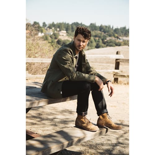 lifestyle image of The Pen Slim Straight Stretch Selvedge Denim Jeans