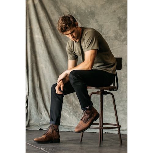 on model image of The Pen Slim Straight Stretch Selvedge Denim Jeans