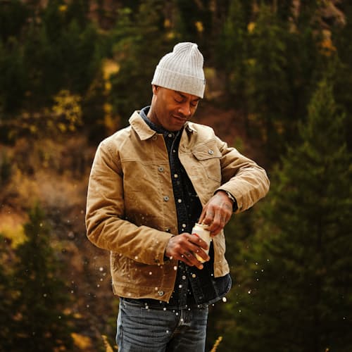 lifestyle image of Wool-Lined Waxed Trucker Jacket