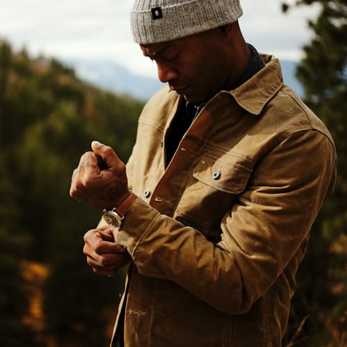 lifestyle image of Wool-Lined Waxed Trucker Jacket