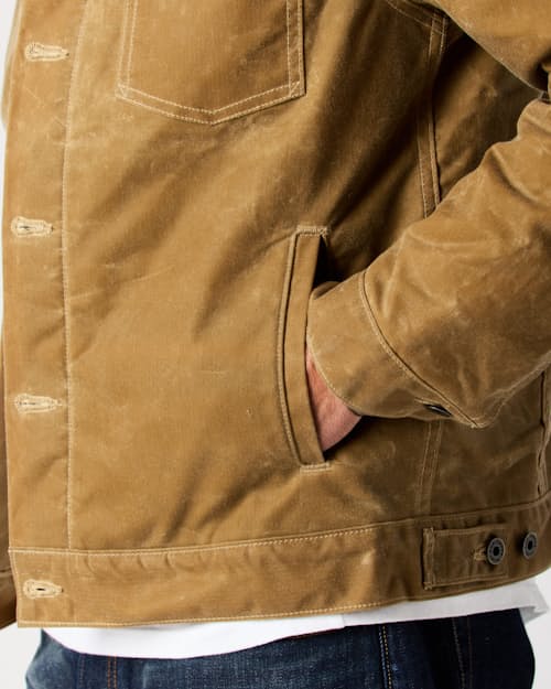 lifestyle image of Wool-Lined Waxed Trucker Jacket