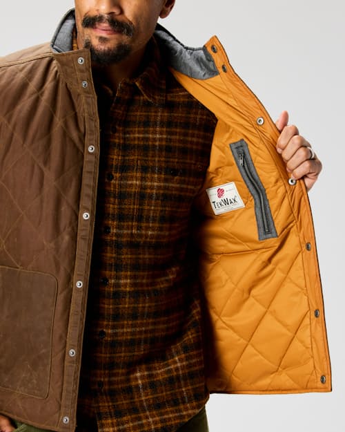 on model image of Quilted Waxed Vest