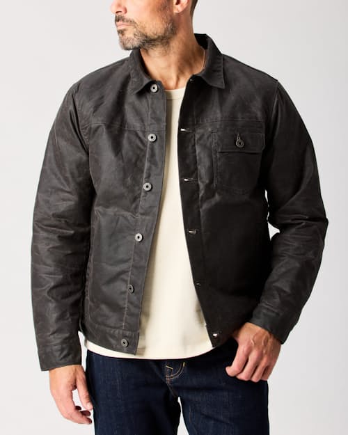 lifestyle image of Wool-Lined Waxed Trucker Jacket