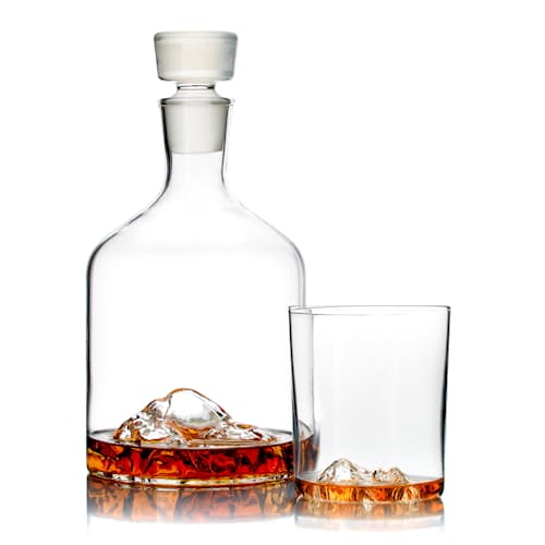 laydown image of Mountain Decanter + American Mountain Set of 4 Whiskey Glasses