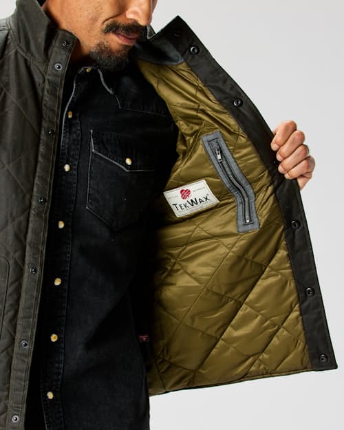 on model image of Quilted Waxed Vest