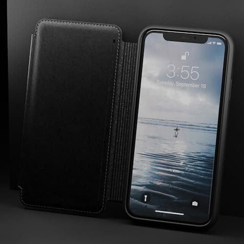 laydown image of Tri-Folio - Black Leather iPhone XS Max