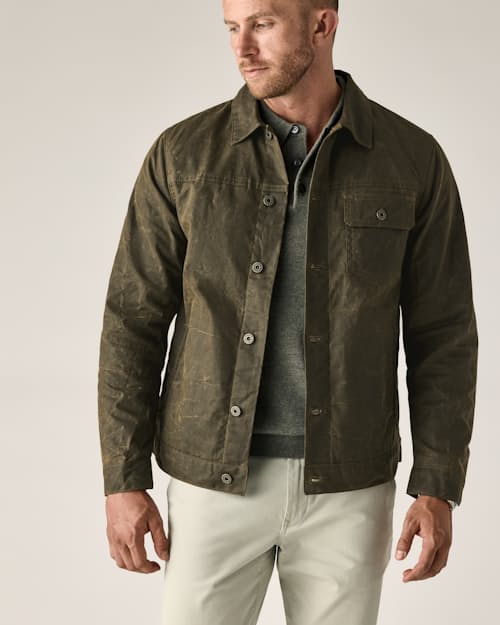 on model image of Flannel-Lined Waxed Trucker Jacket