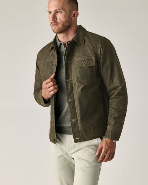 on model image of Flannel-Lined Waxed Trucker Jacket