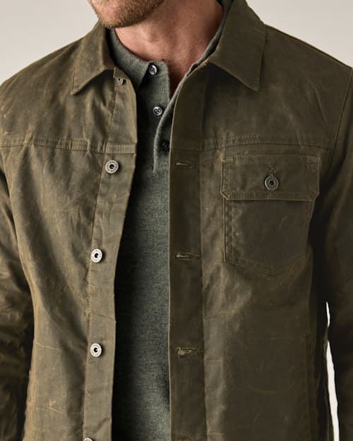 on model image of Flannel-Lined Waxed Trucker Jacket