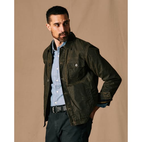 on model image of Flannel-Lined Waxed Trucker Jacket
