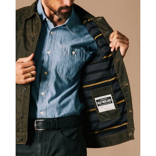 on model image of Flannel-Lined Waxed Trucker Jacket