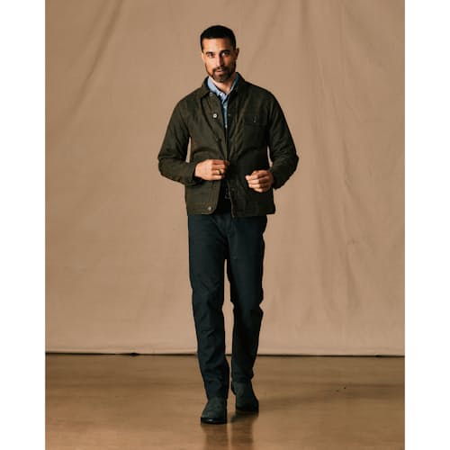 on model image of Flannel-Lined Waxed Trucker Jacket