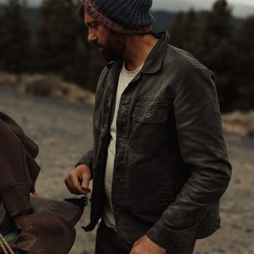 lifestyle image of Flannel-Lined Waxed Trucker Jacket