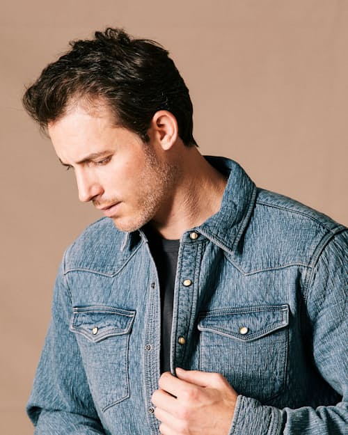 on model image of Quilted Bone Button Western Shirt