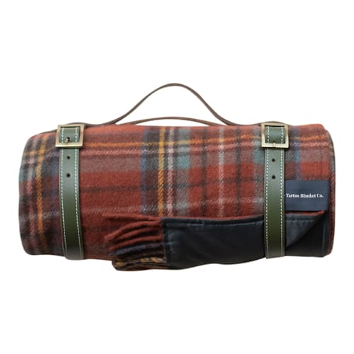 laydown image of Recycled Wool Waterproof Picnic Blanket with Olive Straps