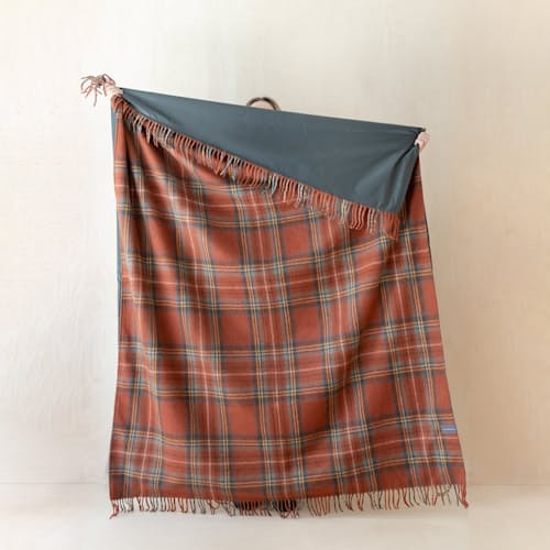 laydown image of Recycled Wool Waterproof Picnic Blanket with Olive Straps