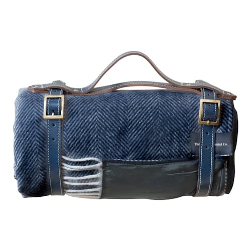 laydown image of Recycled Wool Waterproof Picnic Blanket with Navy Straps