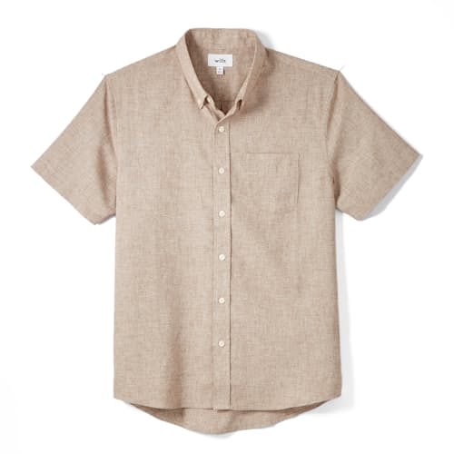 laydown image of Wrinkle Free Linen Short Sleeve Button Down