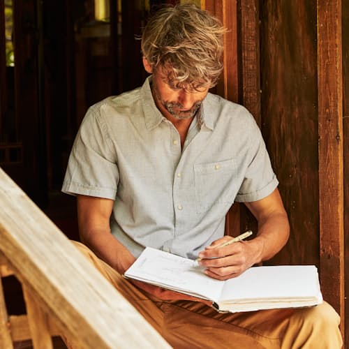 lifestyle image of Easy Hemp Stripe Short Sleeve Shirt