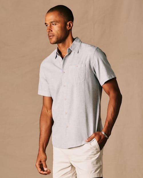 on model image of Easy Hemp Stripe Short Sleeve Shirt
