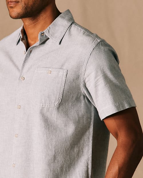 on model image of Easy Hemp Stripe Short Sleeve Shirt