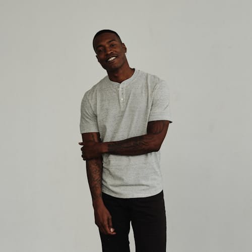 on model image of Textured Short Sleeve Henley