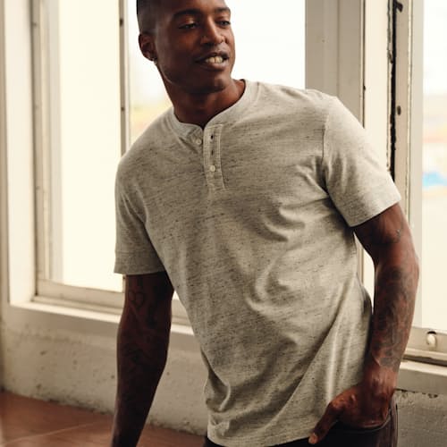 on model image of Textured Short Sleeve Henley