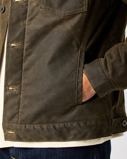 lifestyle image of Wool-Lined Waxed Trucker Jacket
