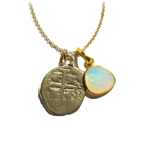 laydown image of Women's Coin Relic & Rose Cut Fire Opal Necklace