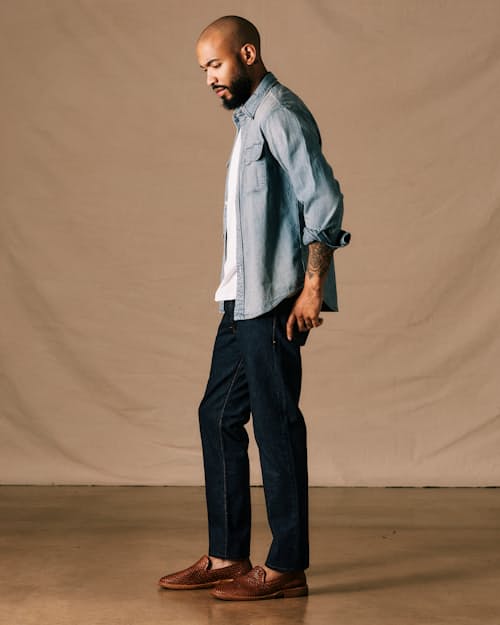 on model image of Slim Fit Selvedge Denim Jeans