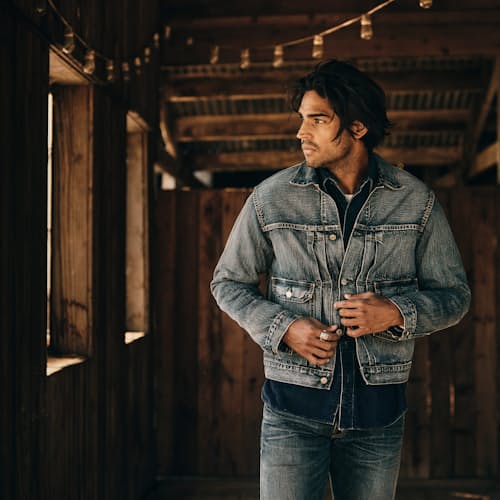 lifestyle image of Type 2 Selvedge Denim Trucker Jacket