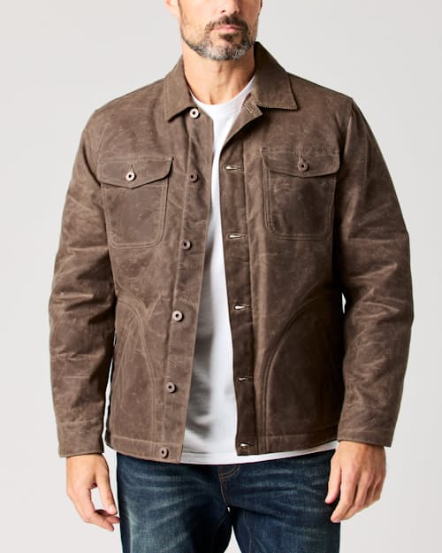lifestyle image of Flannel-Lined Quilted Waxed Rancher Jacket