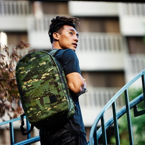 laydown image of Huckberry X The Brown Buffalo Conceal Backpack 21L