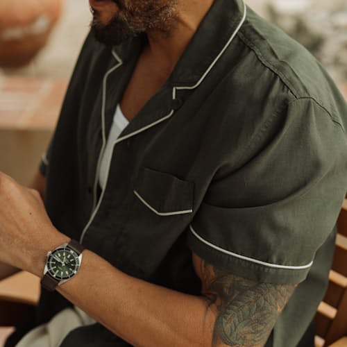 lifestyle image of Camp Collar Tipped Short Sleeve Shirt