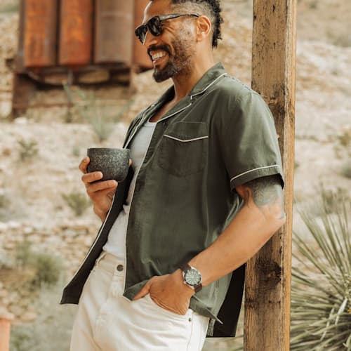 lifestyle image of Camp Collar Tipped Short Sleeve Shirt