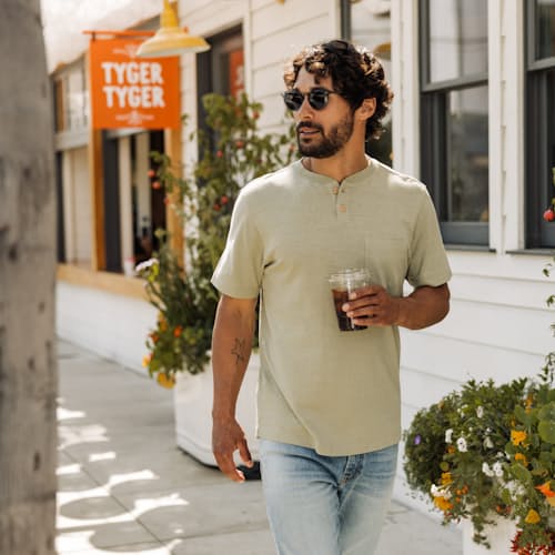 lifestyle image of Brosnan Hemp Short Sleeve Henley