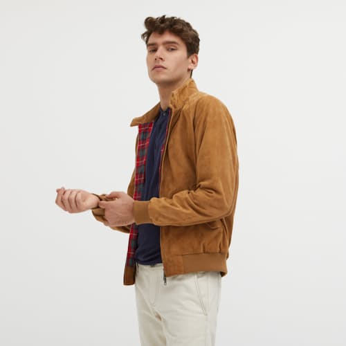 on model image of G9 Harrington Suede Jacket