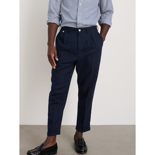 on model image of Mercer Pleated Linen Pant