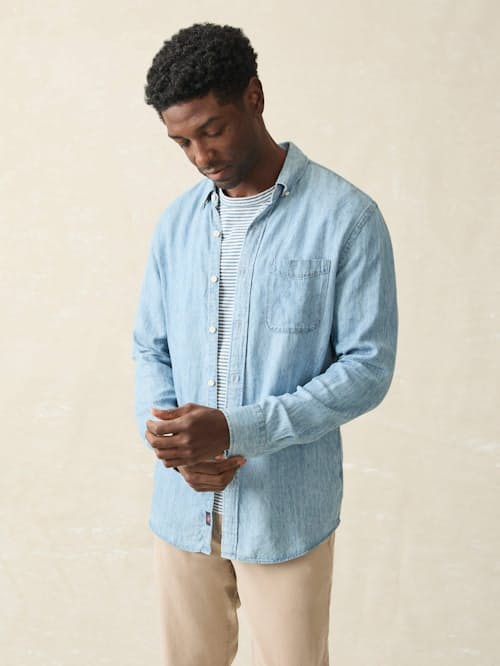 on model image of Tried and True Chambray Shirt