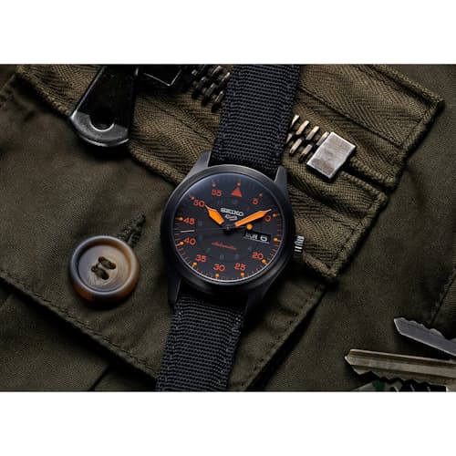 laydown image of Seiko 5 Sports Automatic Field Watch