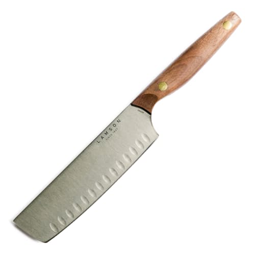 laydown image of Vintage 7" Nakiri Chef Knife w/ Kullenschliff Edge