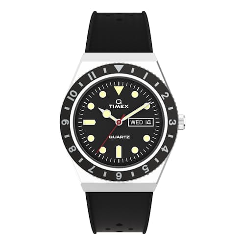 laydown image of Q Timex Diver Inspired 38mm Watch w/ Silicone Strap