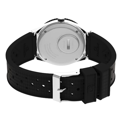 laydown image of Q Timex Diver Inspired 38mm Watch w/ Silicone Strap