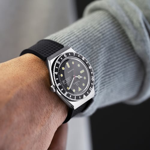 laydown image of Q Timex Diver Inspired 38mm Watch w/ Silicone Strap