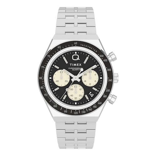 laydown image of Q Timex Chronograph 40mm Stainless Steel Bracelet Watch