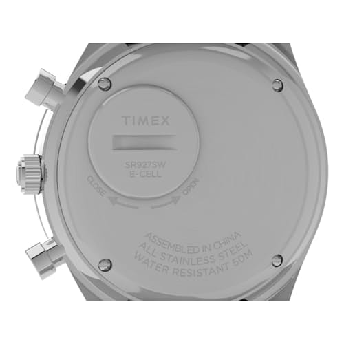 laydown image of Q Timex Chronograph 40mm Stainless Steel Bracelet Watch