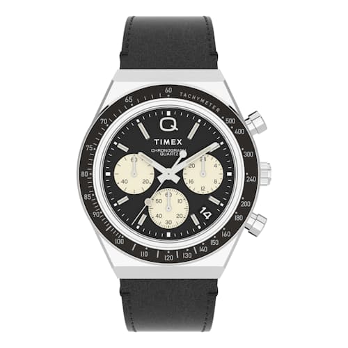 laydown image of Q Timex Chronograph 40mm Leather Strap Watch