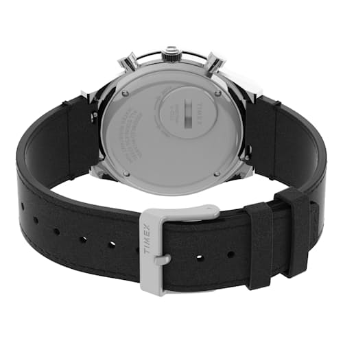 laydown image of Q Timex Chronograph 40mm Leather Strap Watch