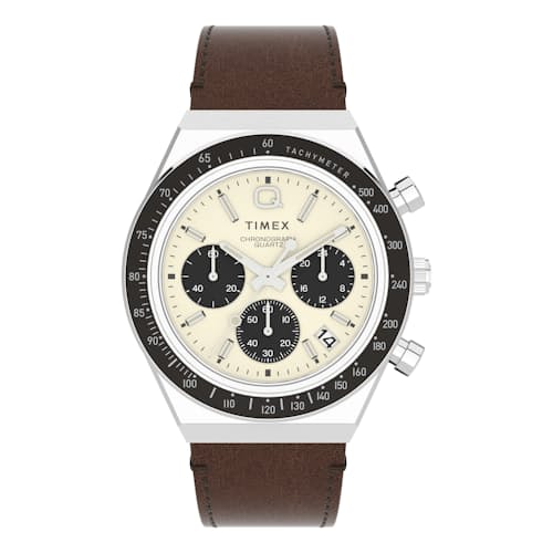 laydown image of Q Timex Chronograph 40mm Leather Strap Watch