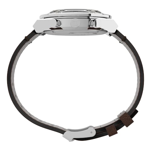laydown image of Q Timex Chronograph 40mm Leather Strap Watch